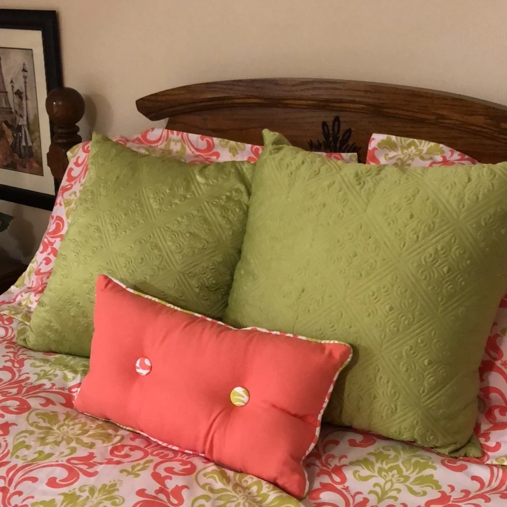 4 piece full size comforter set! EXCLUDES 2 GREEN PILLOWS! Len. 86 1/2” w 81”